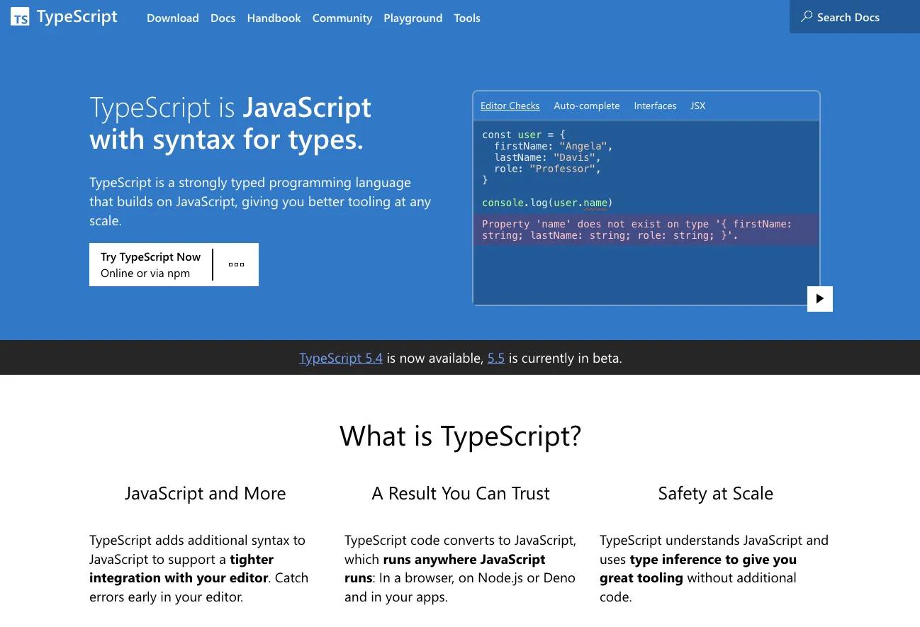 Screenshot of TypeScript website. Source: https://www.typescriptlang.org/